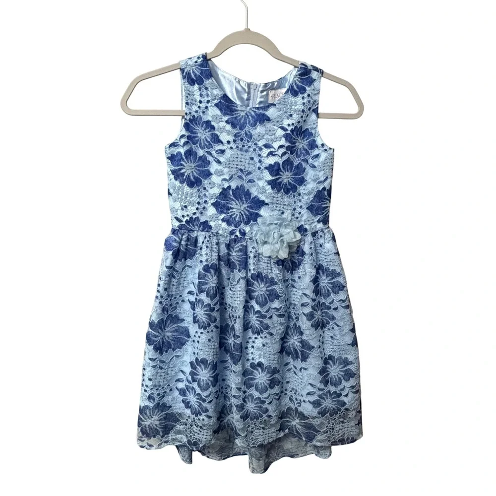 The Childrens Place‎ Girls Blue Floral Lace High Low Party Dress Size 8 Flower